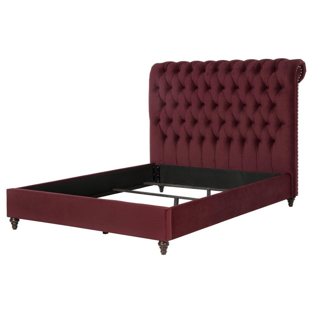 Damo Queen Bed Red Wine Velvet Upholstered Chesterfield Headboard