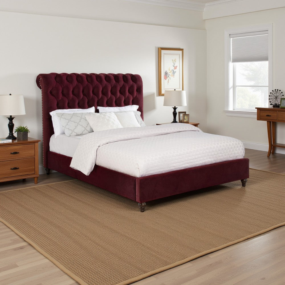 Damo Queen Bed, Red Wine Velvet Upholstered Chesterfield Headboard