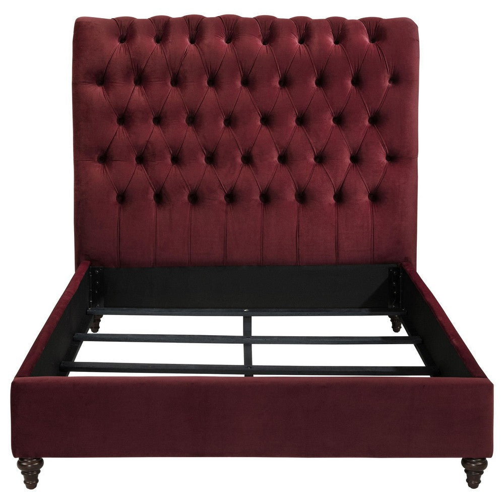 Damo Full Size Bed Red Wine Velvet Upholstered Chesterfield Headboard