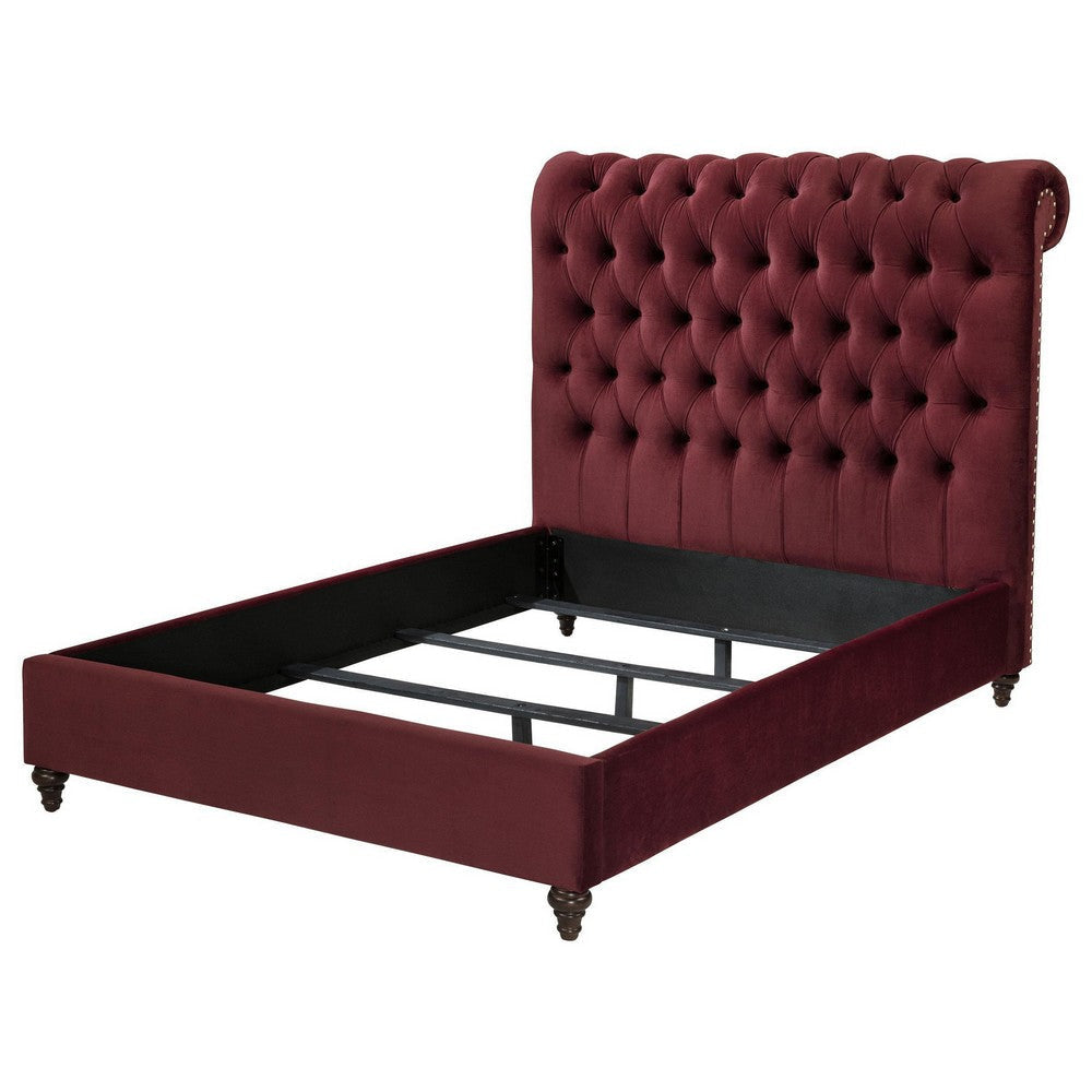 Damo Full Size Bed Red Wine Velvet Upholstered Chesterfield Headboard