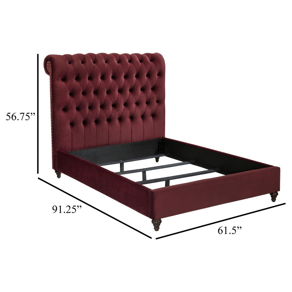 Damo Full Size Bed Red Wine Velvet Upholstered Chesterfield Headboard