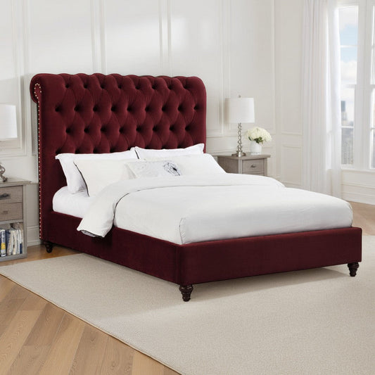 Damo Full Size Bed, Red Wine Velvet Upholstered Chesterfield Headboard