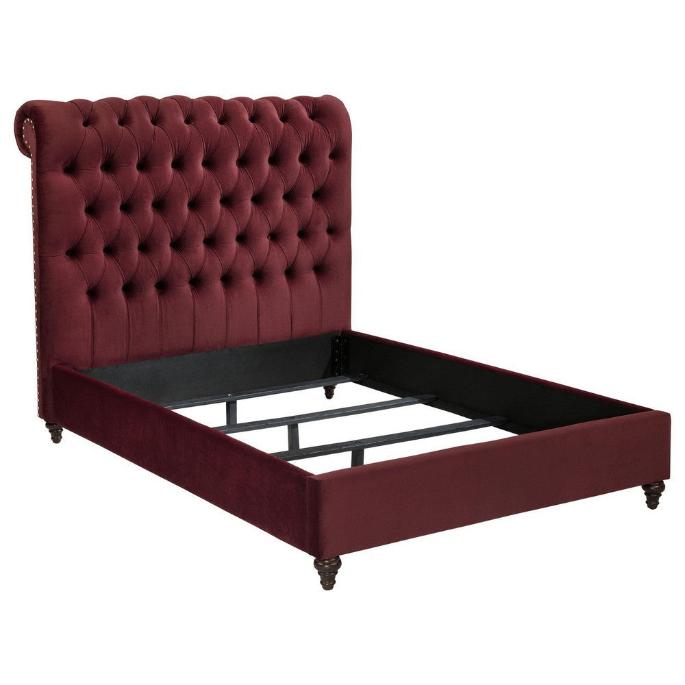Damo Full Size Bed, Red Wine Velvet Upholstered Chesterfield Headboard