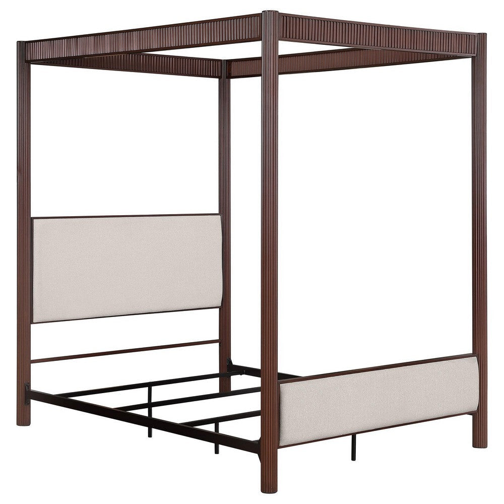 Zemy Queen Canopy Bed with 4 Posts Beige Upholstery Brown Metal