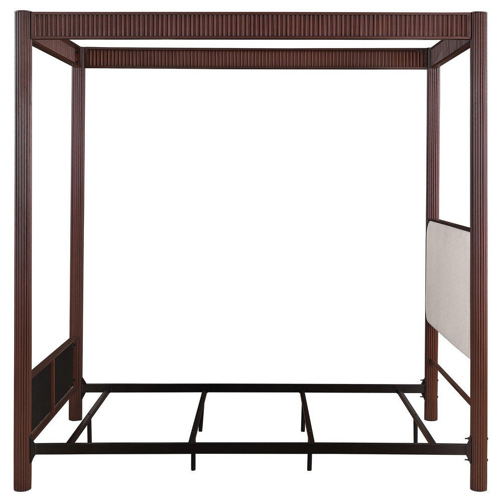 Zemy Queen Canopy Bed with 4 Posts Beige Upholstery Brown Metal