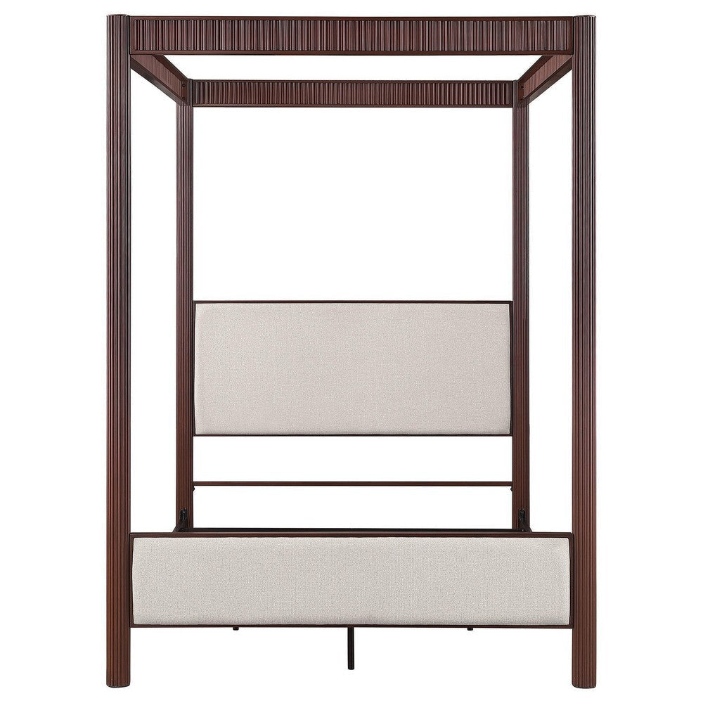 Zemy King Canopy Bed with 4 Posts Beige Upholstery Brown Metal