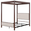 Zemy King Canopy Bed with 4 Posts Beige Upholstery Brown Metal