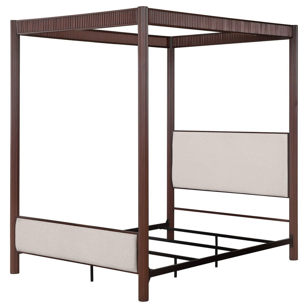 Zemy King Canopy Bed with 4 Posts Beige Upholstery Brown Metal