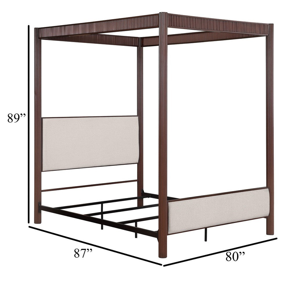 Zemy King Canopy Bed with 4 Posts Beige Upholstery Brown Metal