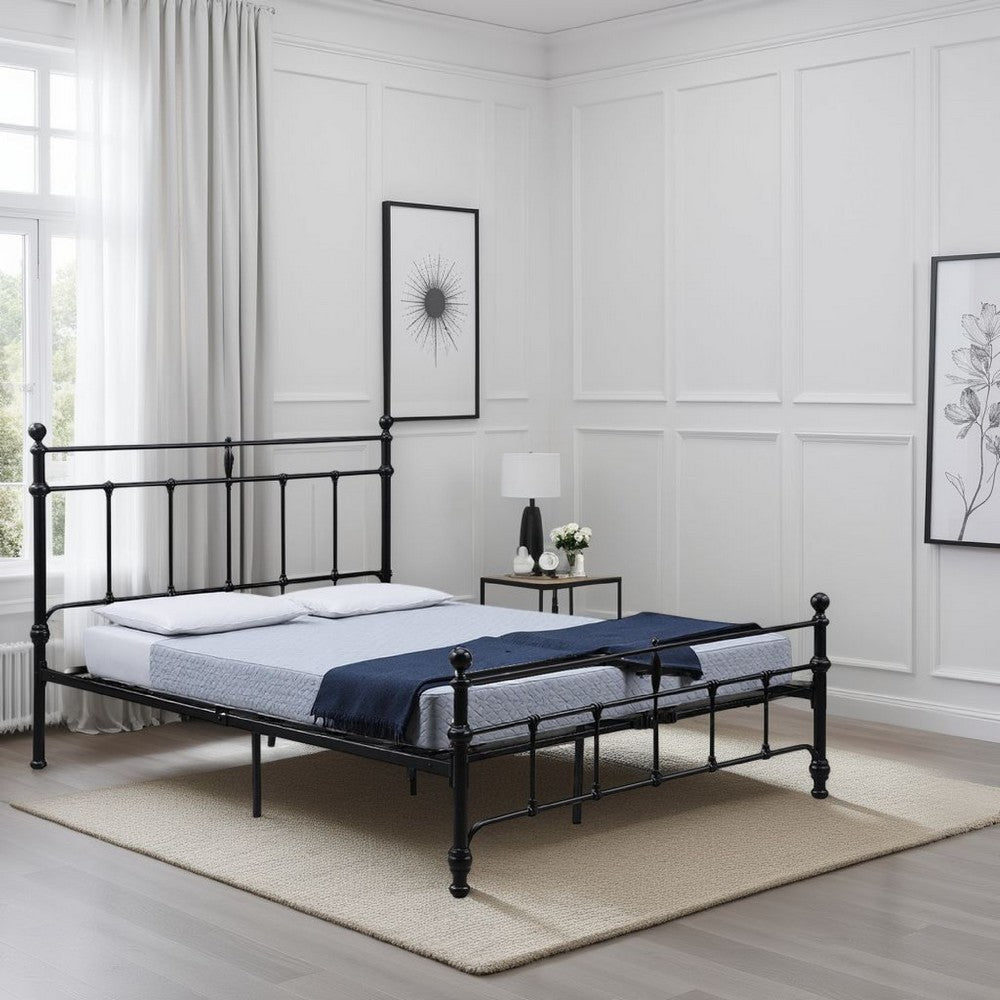 Nevy Queen Size Bed, Classic Intricate Detailed Black Metal Frame