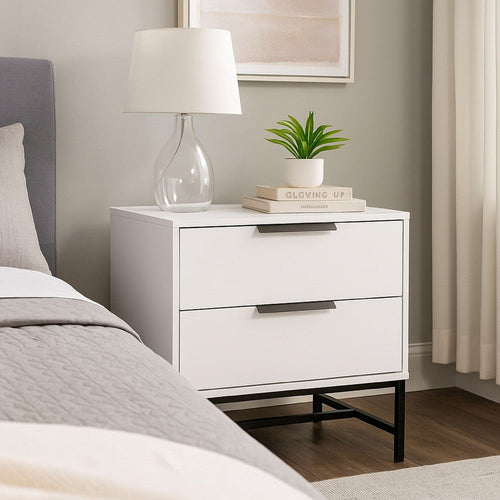 Noro Nightstand, 24 Inch, 2 Storage Drawers, Modern White, Black Metal