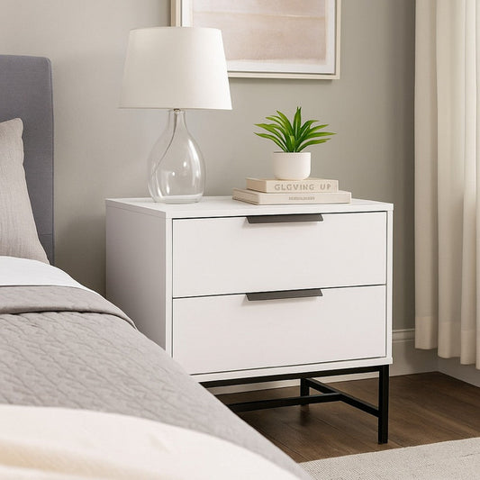 Noro Nightstand, 24 Inch, 2 Storage Drawers, Modern White, Black Metal