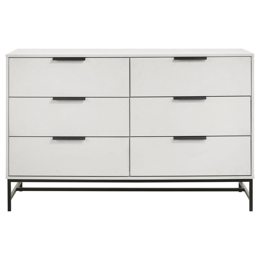 Noro Wide Dresser 6 Storage Drawers Modern White Black Metal Legs BM329235