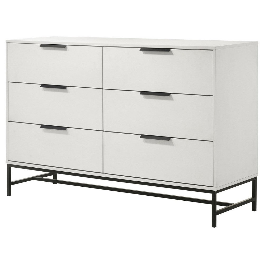 Noro Wide Dresser 6 Storage Drawers Modern White Black Metal Legs BM329235