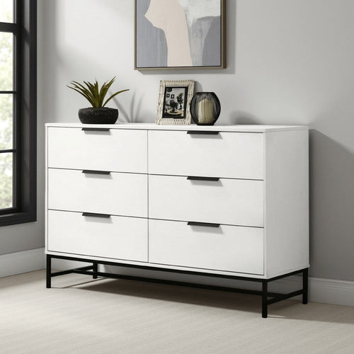 Noro Wide Dresser, 6 Storage Drawers, Modern White, Black Metal Legs