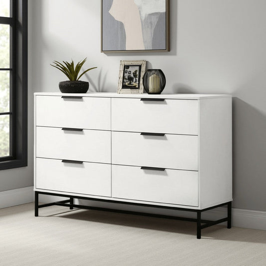 Noro Wide Dresser, 6 Storage Drawers, Modern White, Black Metal Legs
