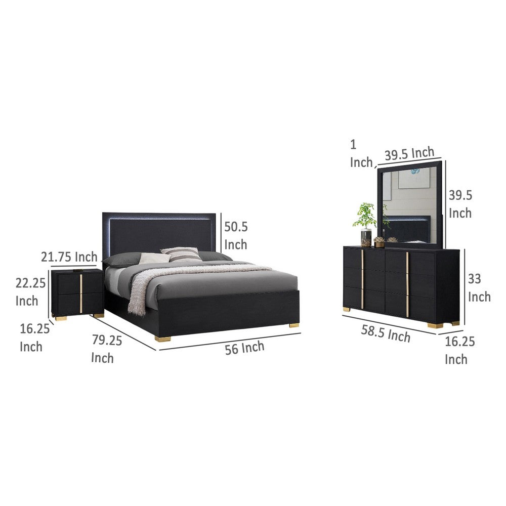 Dex 4 Piece Full Bedroom Set, Black, Gold Accents, LED Headboard