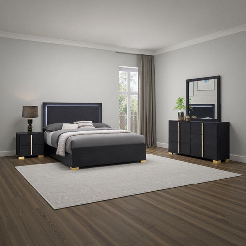 Dex 4 Piece Full Bedroom Set, Black, Gold Accents, LED Headboard