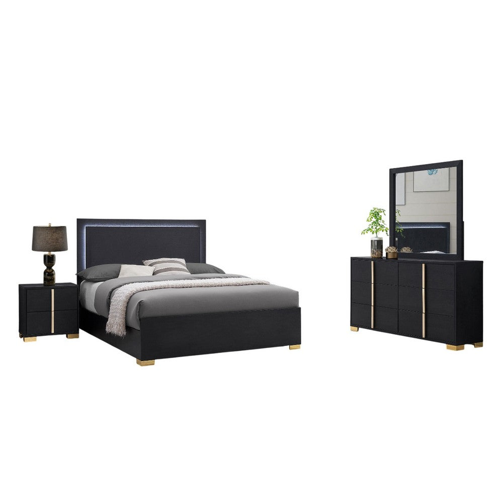 Dex 4 Piece Full Bedroom Set, Black, Gold Accents, LED Headboard