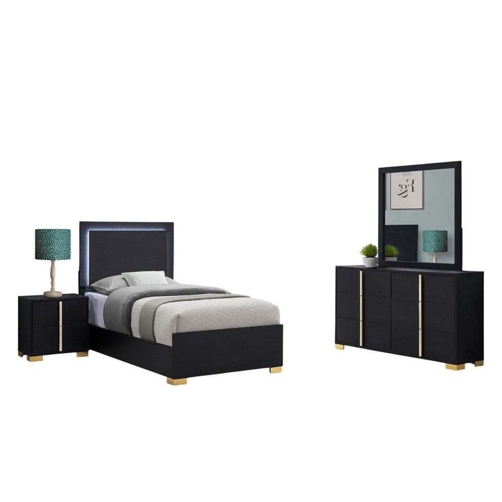 Dex 4 Piece Twin Bedroom Set, Black, Gold Accents, LED Headboard