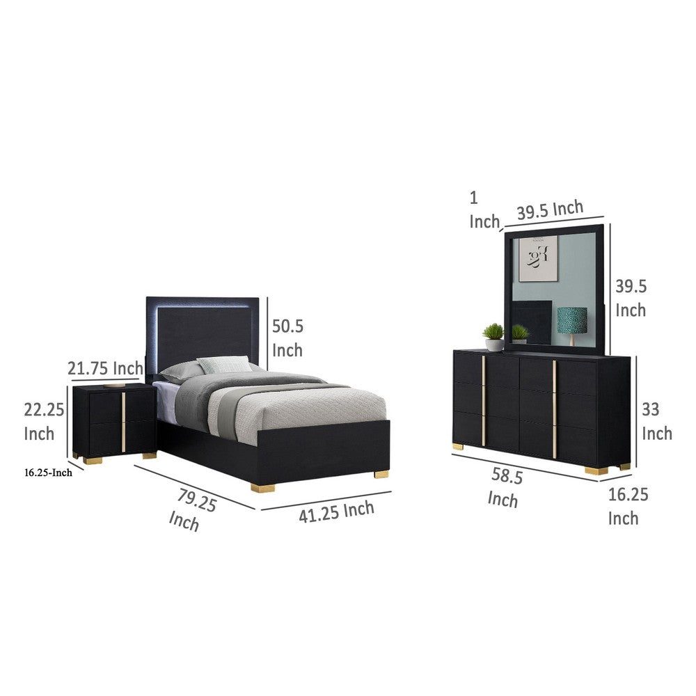 Dex 4 Piece Twin Bedroom Set, Black, Gold Accents, LED Headboard