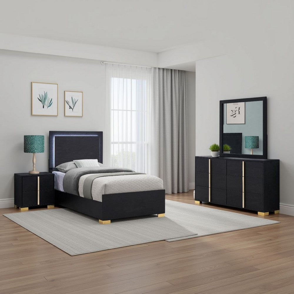 Dex 4 Piece Twin Bedroom Set, Black, Gold Accents, LED Headboard