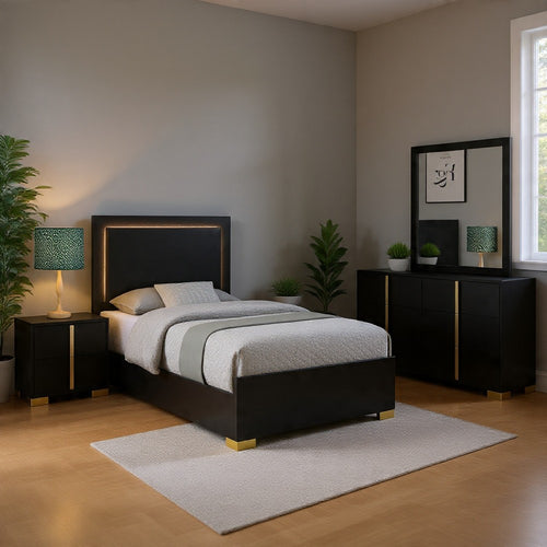 Dex 4 Piece Twin Bedroom Set, Black, Gold Accents, LED Headboard