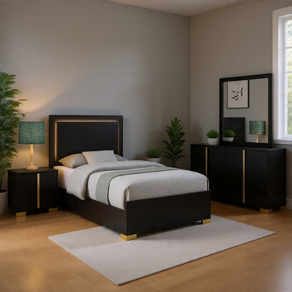Dex 4 Piece Twin Bedroom Set, Black, Gold Accents, LED Headboard