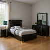 Dex 4 Piece Twin Bedroom Set, Black, Gold Accents, LED Headboard
