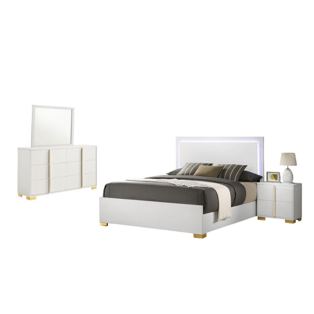 Dex 4 Piece Full Bedroom Set, White, Gold Accents, LED Headboard