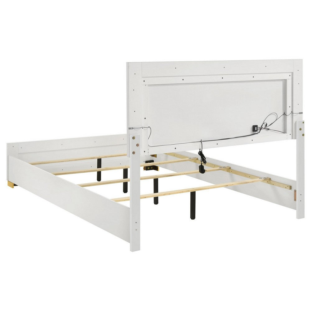 Dex 4 Piece Full Bedroom Set, White, Gold Accents, LED Headboard