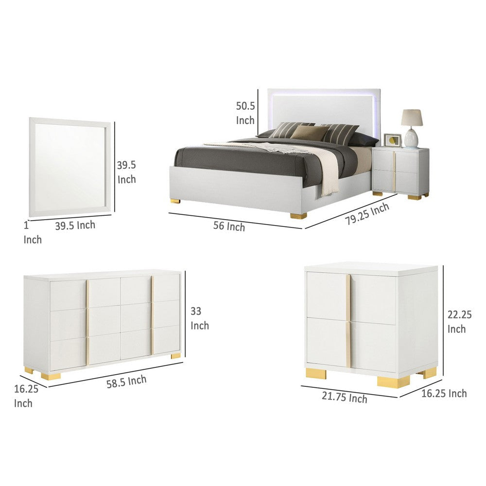 Dex 4 Piece Full Bedroom Set White Gold Accents LED Headboard