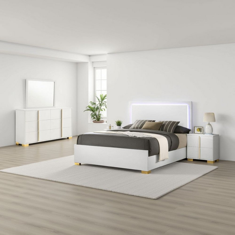 Dex 4 Piece Full Bedroom Set, White, Gold Accents, LED Headboard