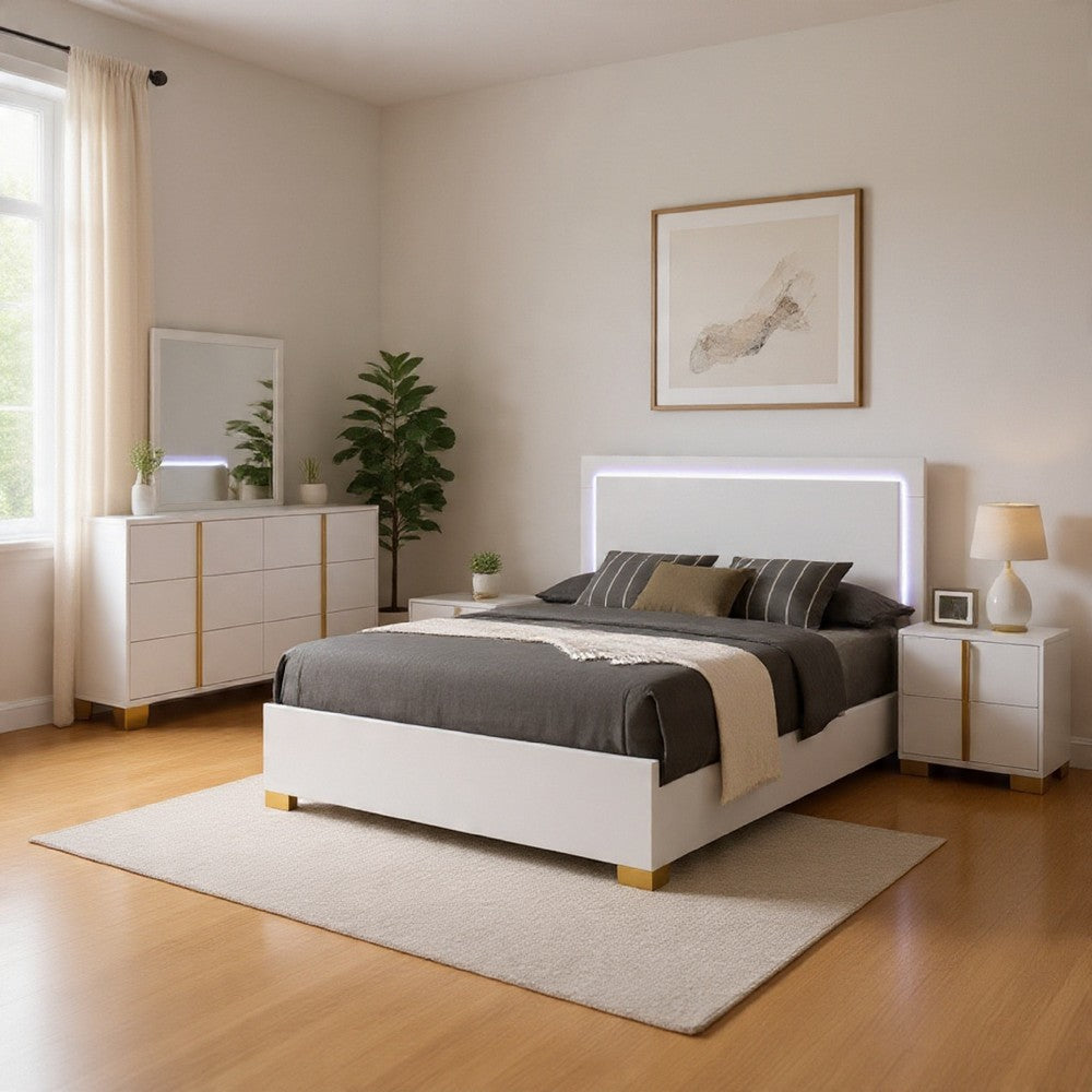 Dex 4 Piece Full Bedroom Set, White, Gold Accents, LED Headboard