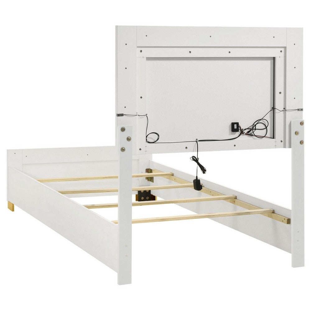 Dex 4 Piece Twin Bedroom Set, White, Gold Accents, LED Headboard