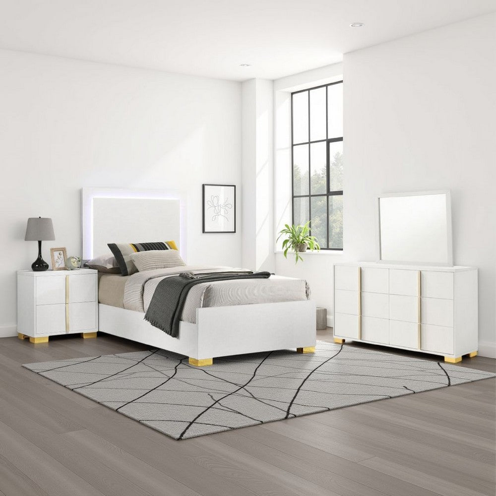 Dex 4 Piece Twin Bedroom Set, White, Gold Accents, LED Headboard