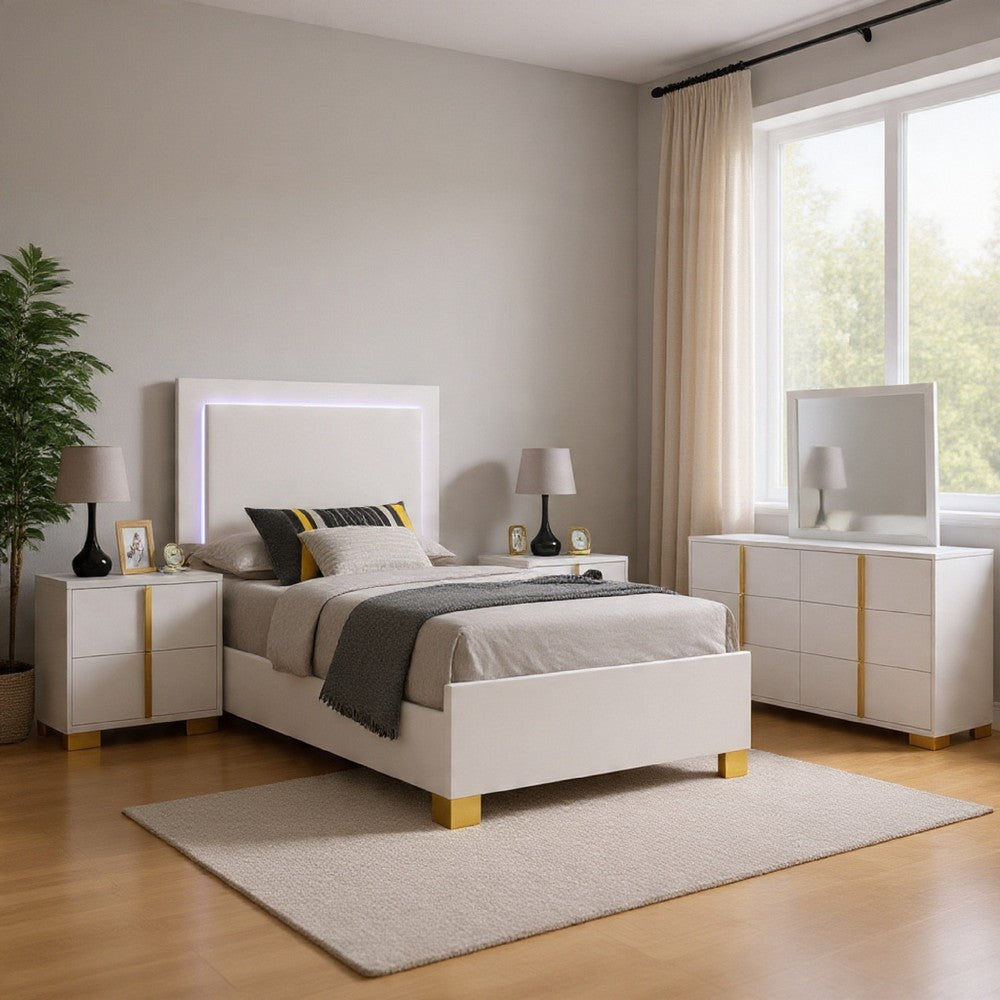 Dex 4 Piece Twin Bedroom Set, White, Gold Accents, LED Headboard