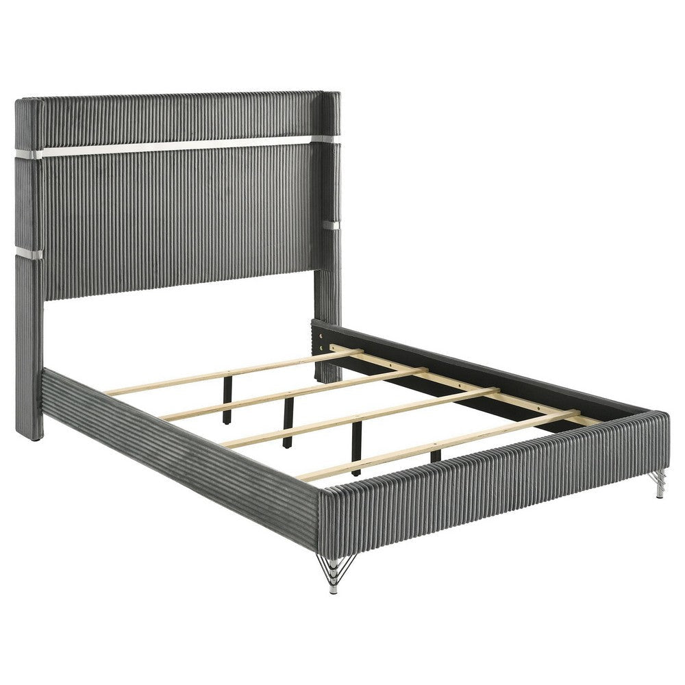 Jenny Queen Size Bed, Wingback Fluted Upholstered Headboard, Gray