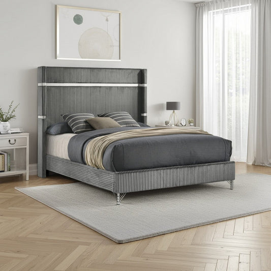 Jenny King Size Bed, Wingback Fluted Upholstered Headboard, Gray