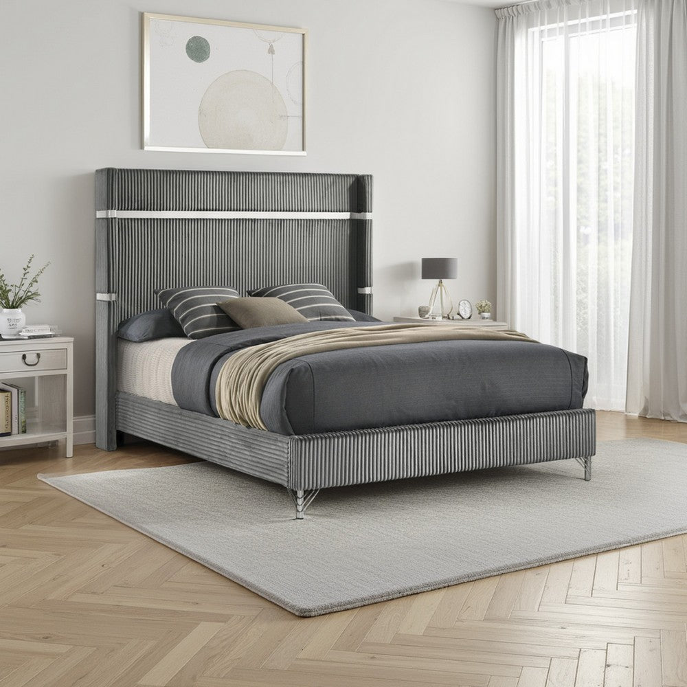 Jenny King Size Bed, Wingback Fluted Upholstered Headboard, Gray
