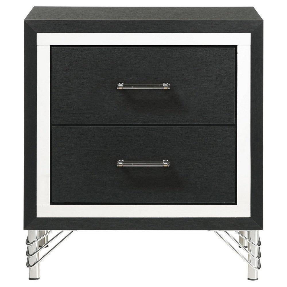 Jenny Nightstand 24 Inch 2 Drawers and Chrome Accents Modern Black BM329243