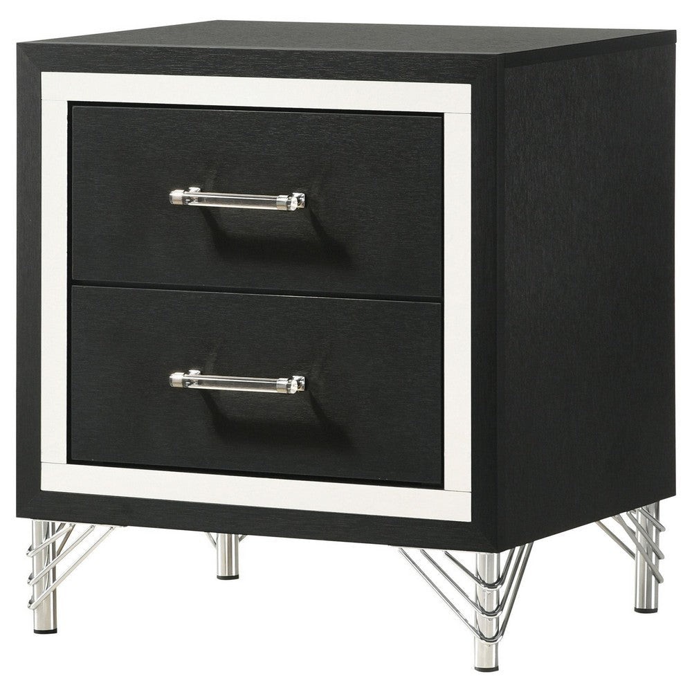 Jenny Nightstand 24 Inch 2 Drawers and Chrome Accents Modern Black BM329243