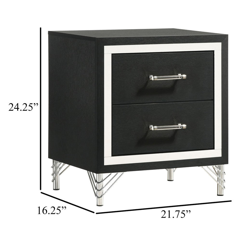 Jenny Nightstand 24 Inch 2 Drawers and Chrome Accents Modern Black BM329243
