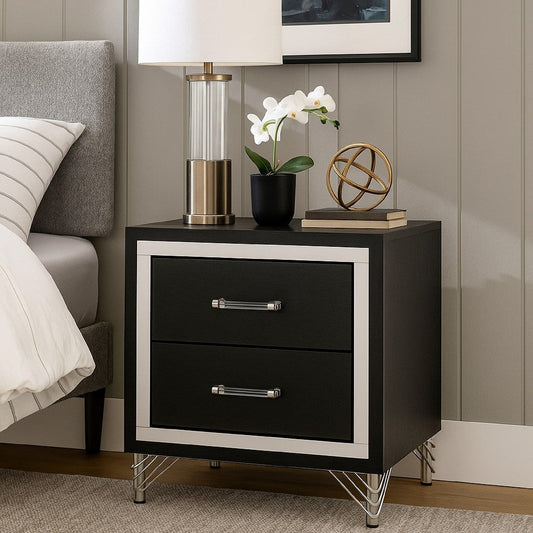 Jenny Nightstand, 24 Inch 2 Drawers and Chrome Accents, Modern Black