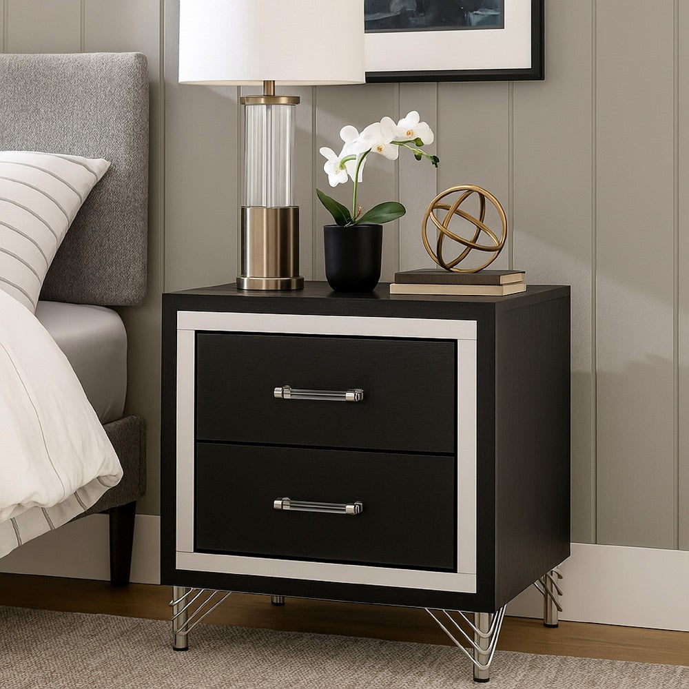 Jenny Nightstand, 24 Inch 2 Drawers and Chrome Accents, Modern Black