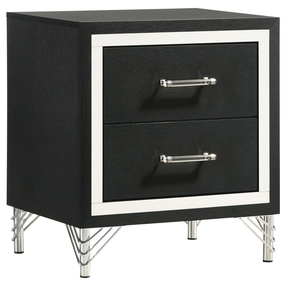 Jenny Nightstand 24 Inch 2 Drawers and Chrome Accents Modern Black BM329243