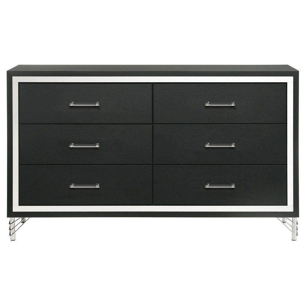 Jenny Wide Dresser 6 Drawers and Chrome Accents Modern Black Tone BM329244