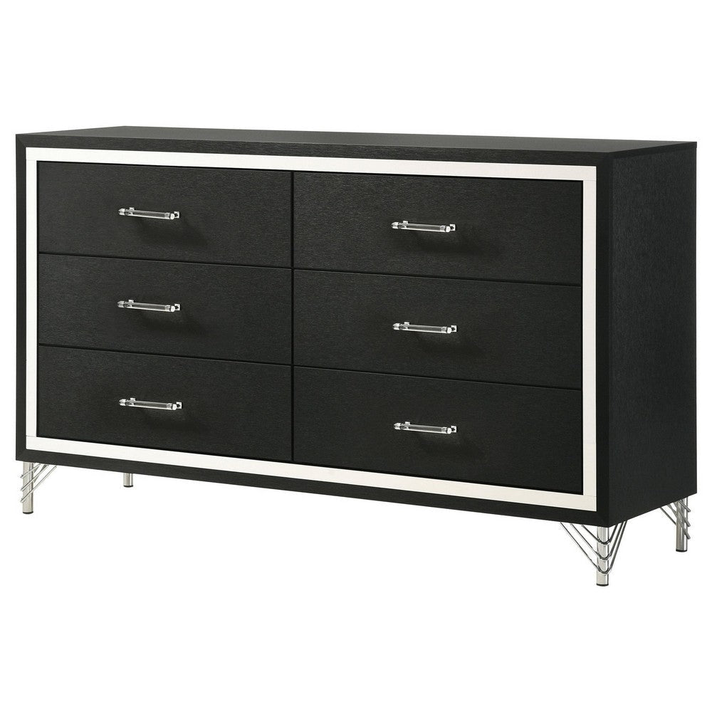Jenny Wide Dresser 6 Drawers and Chrome Accents Modern Black Tone BM329244