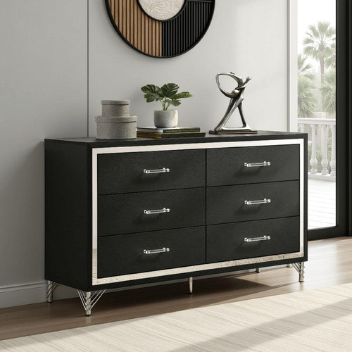 Jenny Wide Dresser, 6 Drawers and Chrome Accents, Modern Black Tone