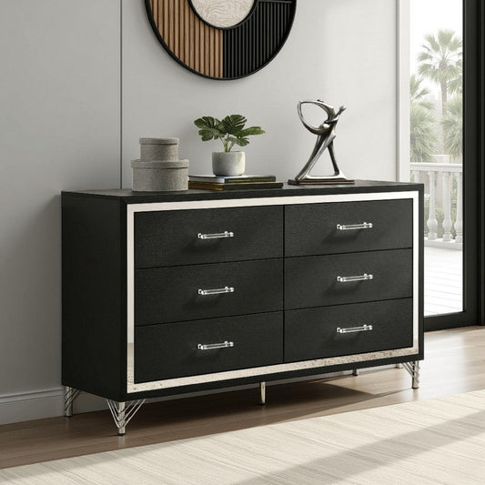 Jenny Wide Dresser, 6 Drawers and Chrome Accents, Modern Black Tone